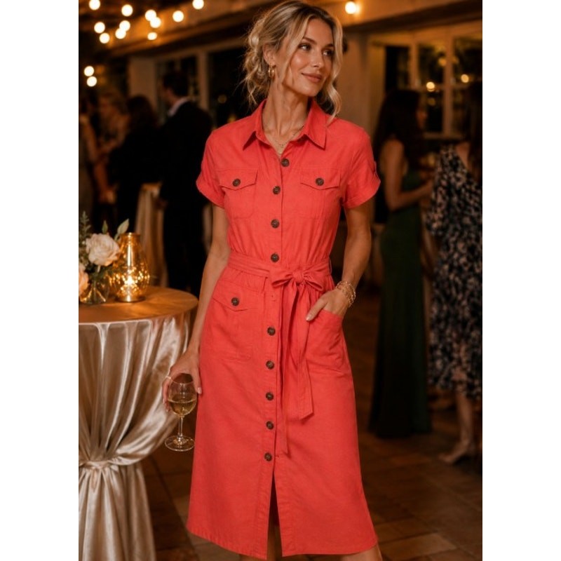 Kim Rogers Coral Linen Blend Button Front Belted Midi Shirt Dress | Size 10