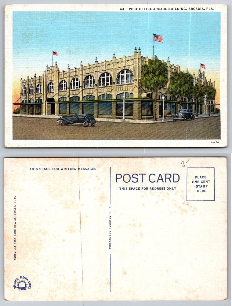 Arcadia Florida Post Office Arcade Building Linen Postcard Vintage Cars 1940s