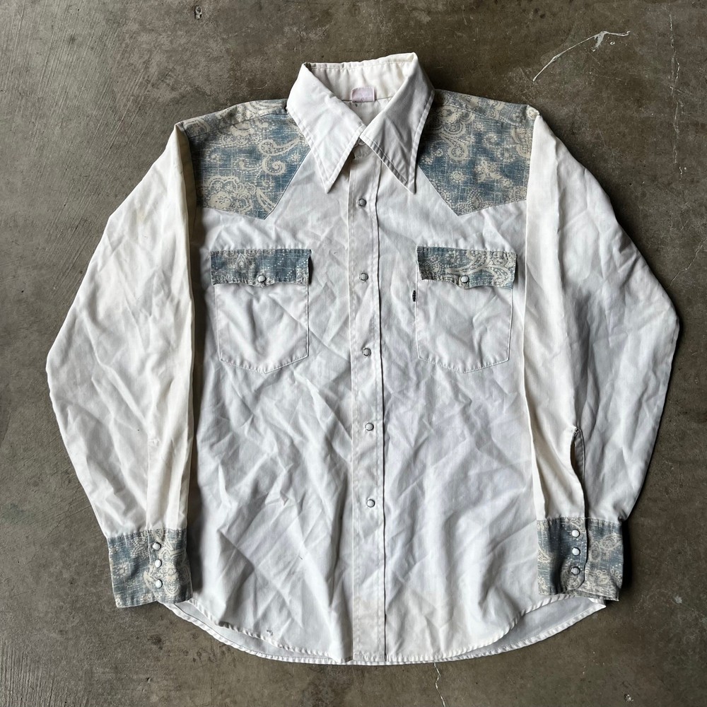 VINTAGE LEVIS PEARL SNAP SHIRT WESTERN CHAMBARAY WHITE TAB MENS LARGE FLORAL