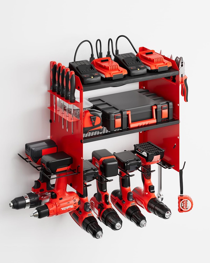 Adjustable Wall Mount Power Tool Organizer with 6 Drill Slots and Charging Station