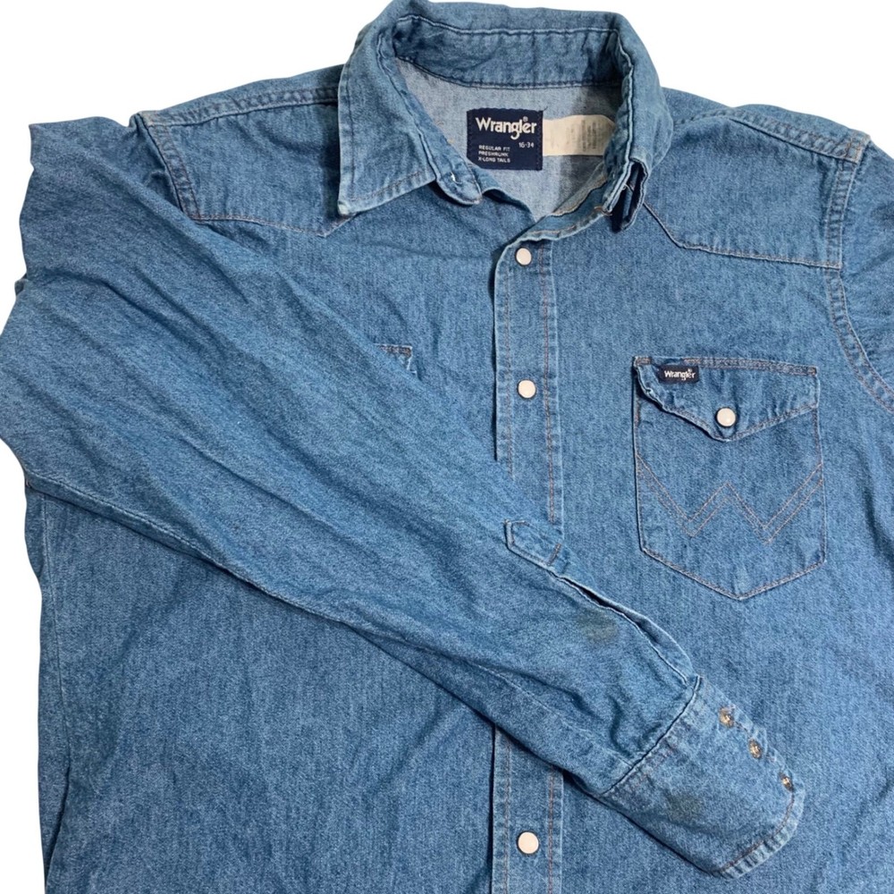 Wrangler Western Denim Pearl Snap Shirt Womens Medium Wash Regular Fit 16-34