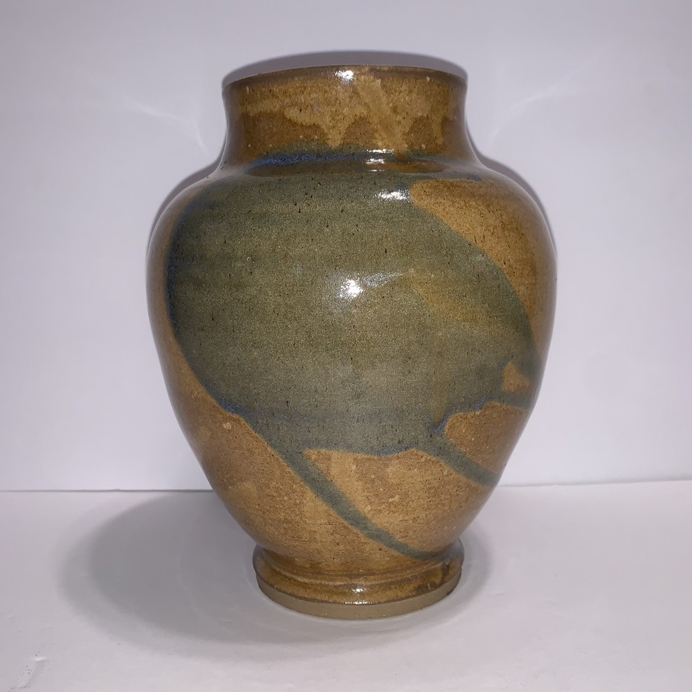 Hand Thrown Studio Art Pottery Vase Signed 9 in tall 7 in wide Brown Blue Drip
