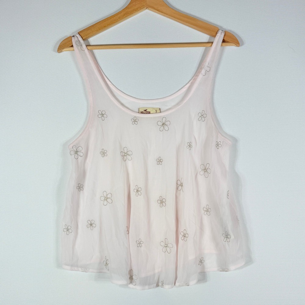 Hollister Pink Small Floral Embroidered Tank Top Blouse Fairy Coquette Whimsical