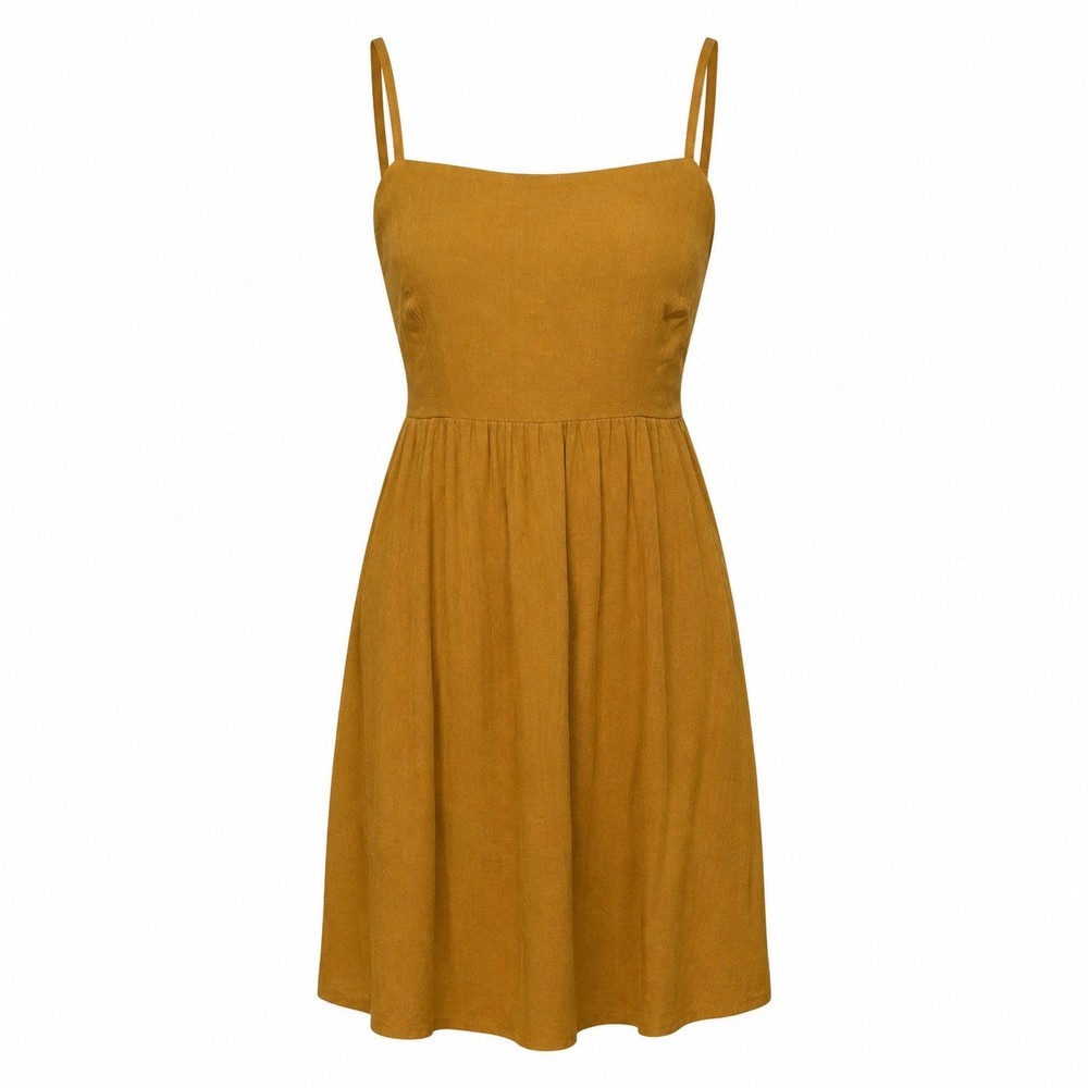 Mustard Yellow Open Back Tie Mini Dress Womens Small Square Neck boho neutral