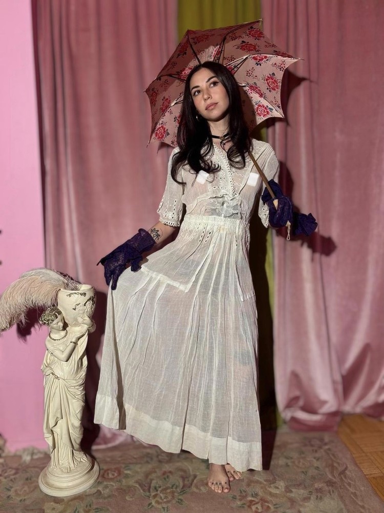 Edwardian Semi-Sheer White Lawn Dress, Broderie Anglaise Trim, Size S-M