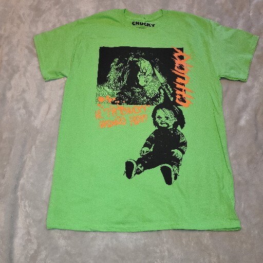 Chucky Child’s Play T-Shirt Mens Size L Wanna Play Halloween Horror Green NWOT