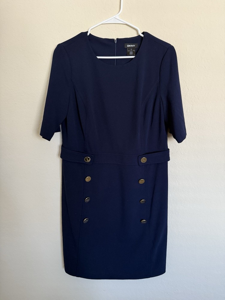 DKNY Women's Navy Blue Round Neck Sheath Dress with 3/4 Sleeves Size 12