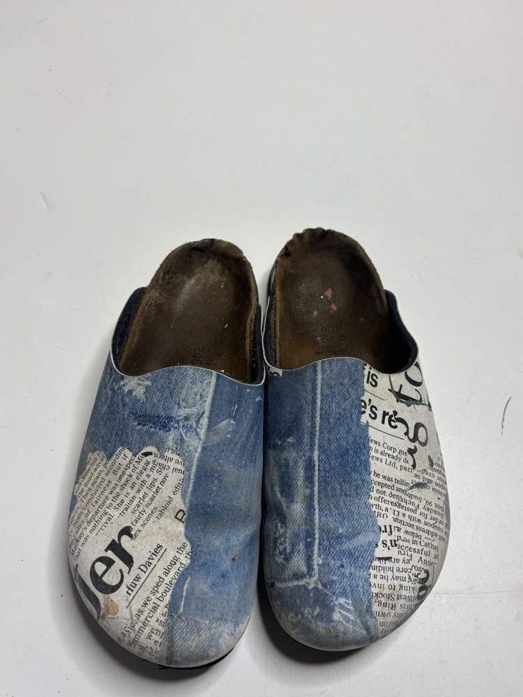 Birkenstock Amsterdam Birkis Faux Denim News Print Clog Sandals Women’s 7 EU 38