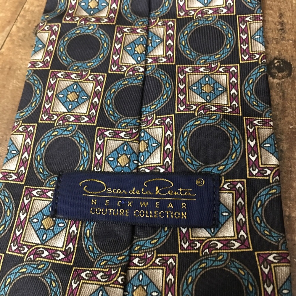 Oscar De La Renta Necktie 100% Silk Luxury Tie Blue Geometric Vintage