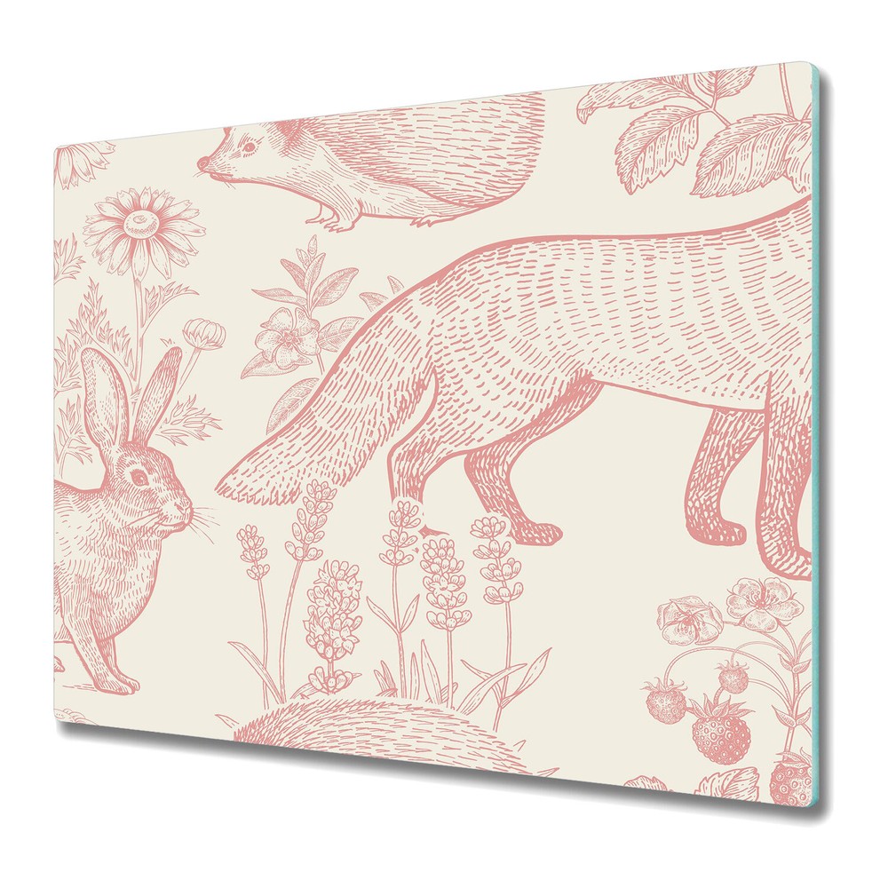 Tempered Glass Worktop Saver Pink forest animals pink and beige 60x52