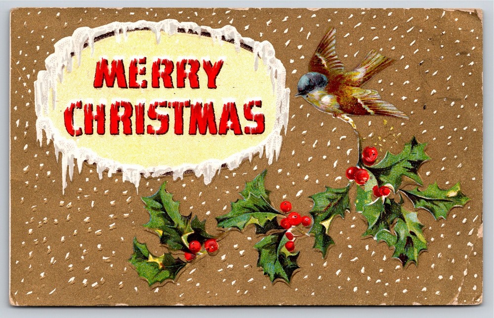 Holiday~Bird Carrying Holly & Christmas Greeting~Vintage Postcard
