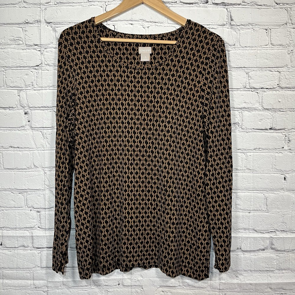 Chicos Classic Tunic Top Chain Print Black Brown Shirt Womens Size 2 Large