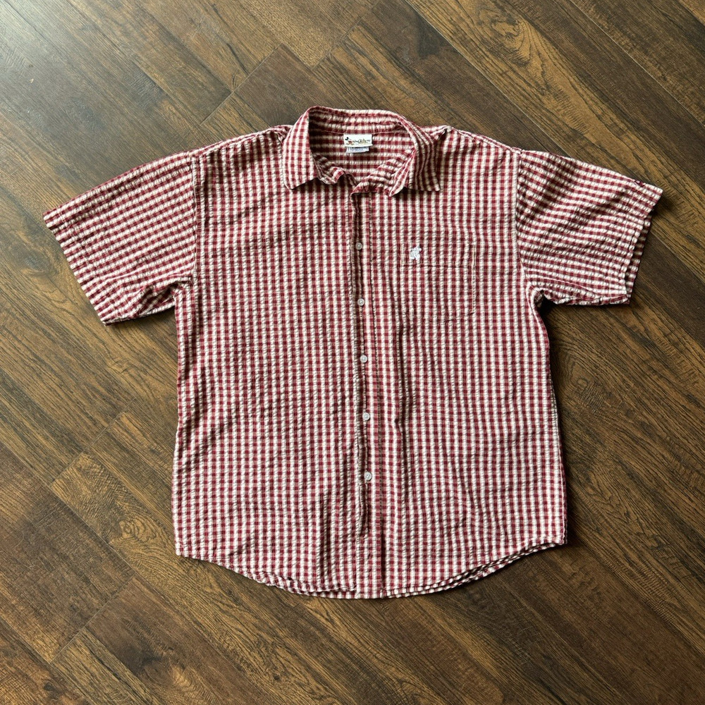 Walt Disney World Large Cotton Seersucker Check Button-Up Shirt Mickey Pockets
