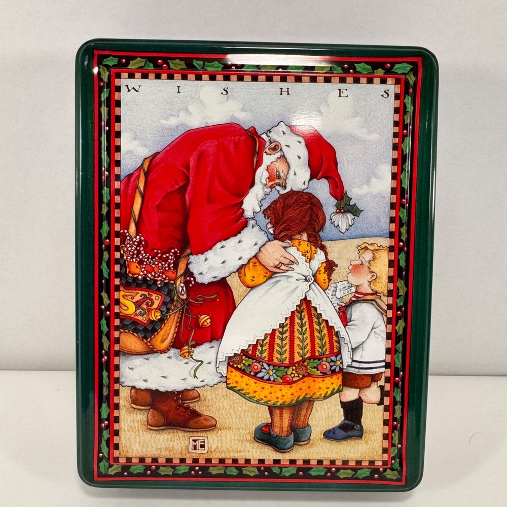 Vintage Mary Engelbreit Christmas Tin Wishes Santa Claus Holiday Decor Storage