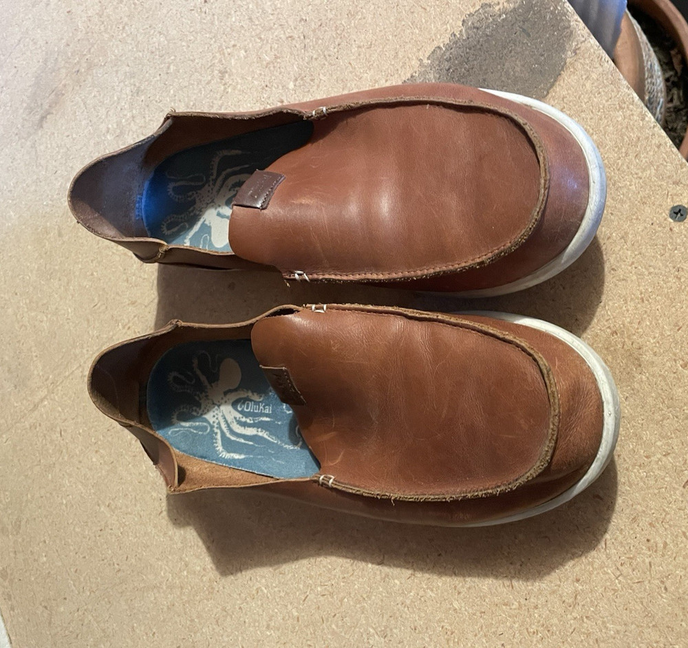 OluKai Nalukai Men's Brown Leather Slip-On Casual Shoes US 12 EU 45 Rubber