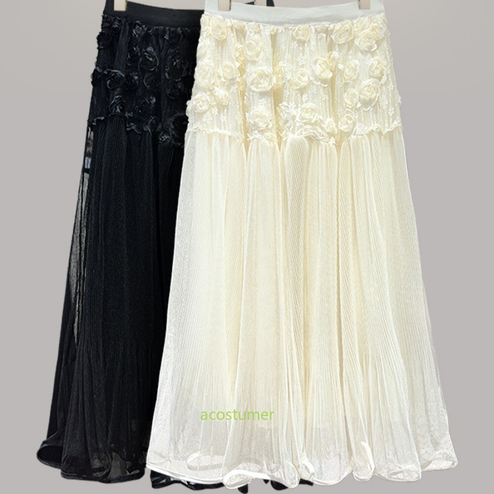 Women's Lace Mesh Skirt Pleated Midi 3D Floral A-line Fairy Girl Retro Rose Long