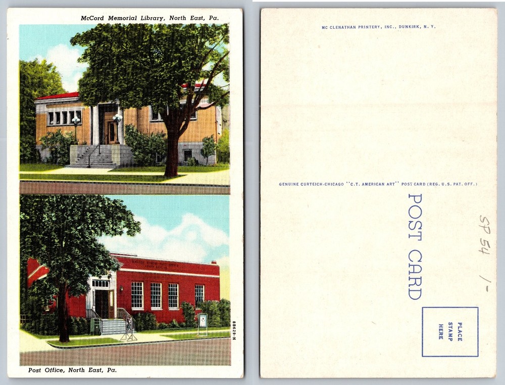 North East PA McCord Library Post Office Linen Postcard C.T. American Art