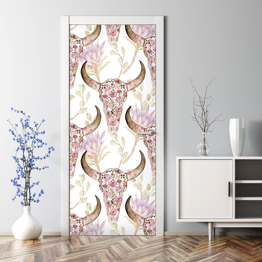 Gold and Pink Skull with Flowers Bubble-Free Large Door Decal Decor