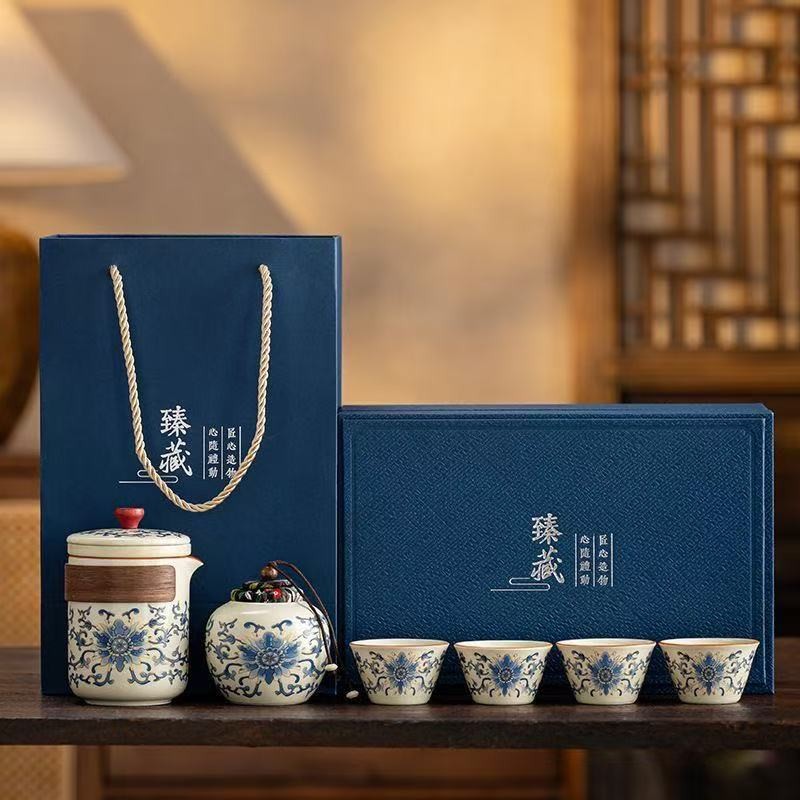for 6 pieces Tea Set Blue and White Porcel teacup travel portable gift box with