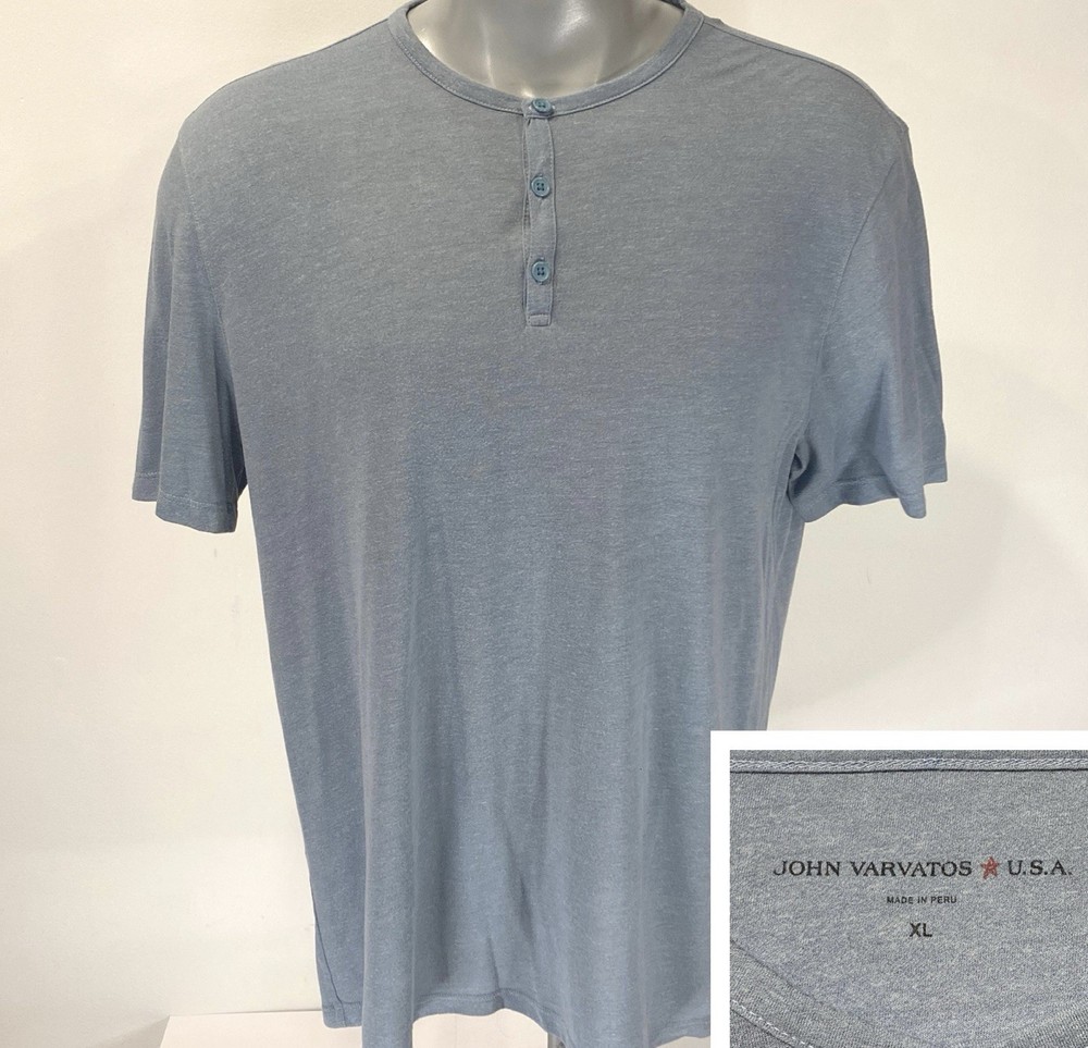 John Varvatos XL Henley Short Sleeve Blue Shirt Lightweight Mens