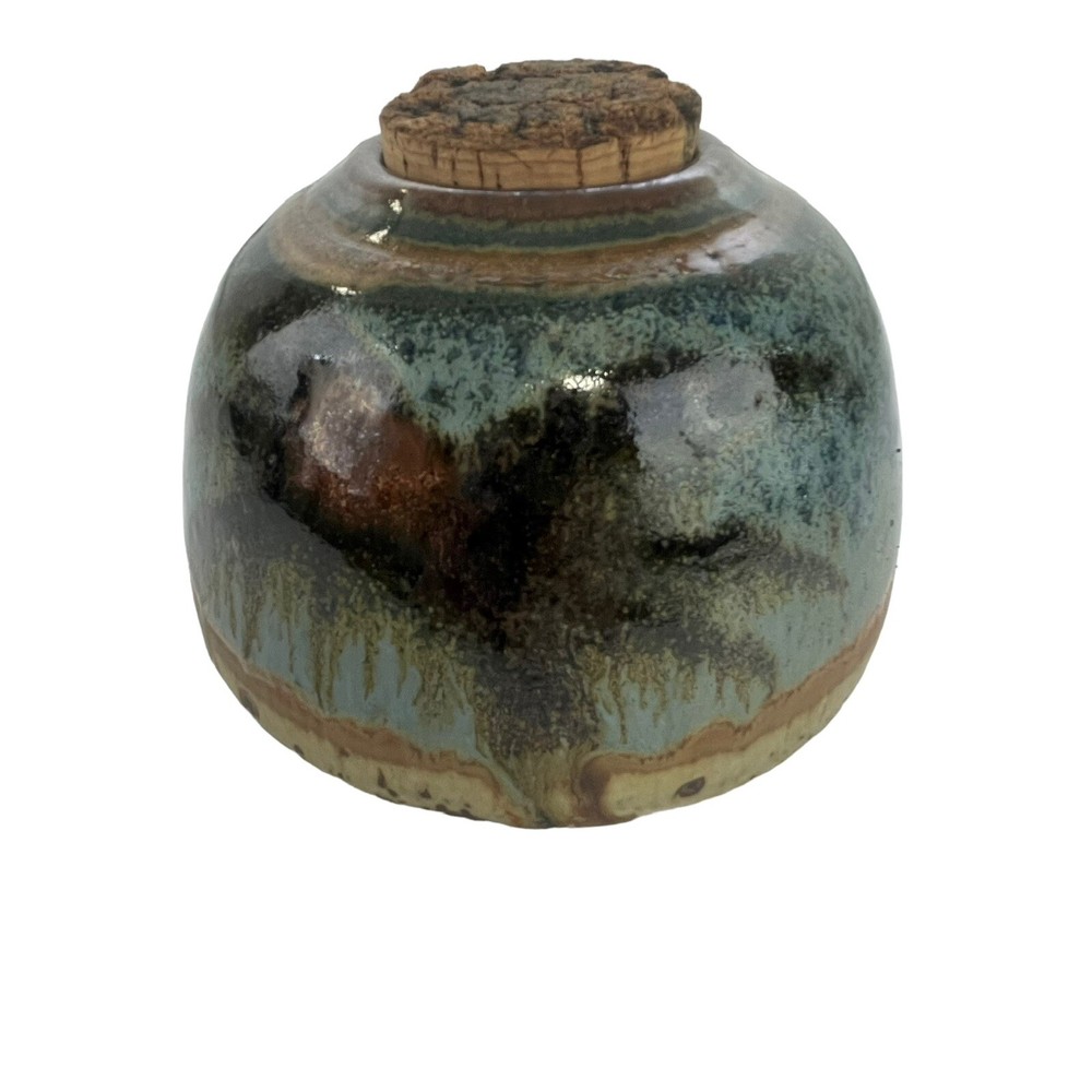 Studio Pottery Jar with Cork Lid Abstract Signed Blues /Green Looks Like Palm-image