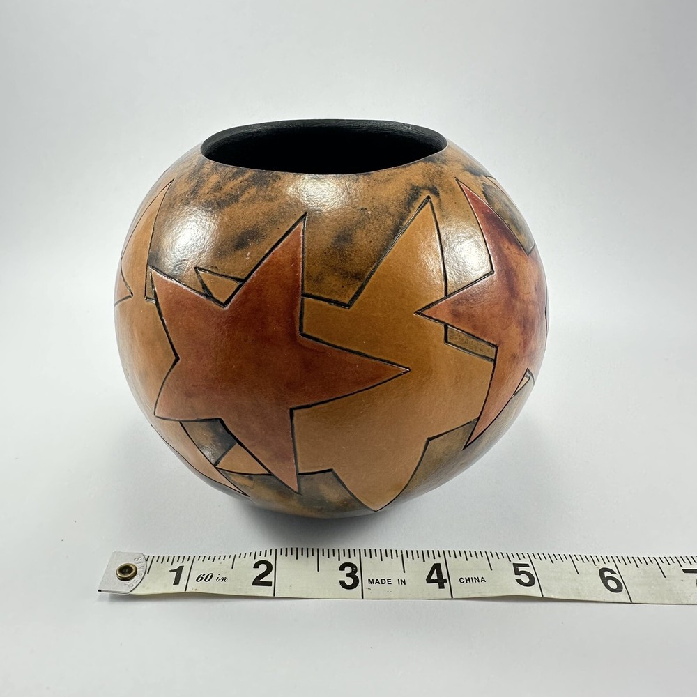 Hand Carved Painted Gourd Bowl Artist Signed Star Country Design Primitive Decor