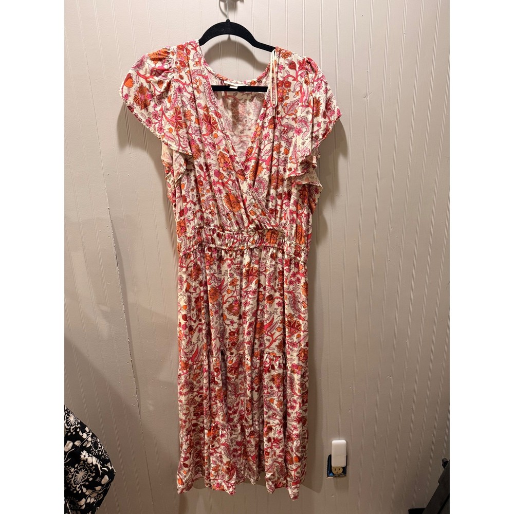 Knox Rose Floral Wrap Midi Dress Pink Orange Flutter Sleeve Boho Womens Large