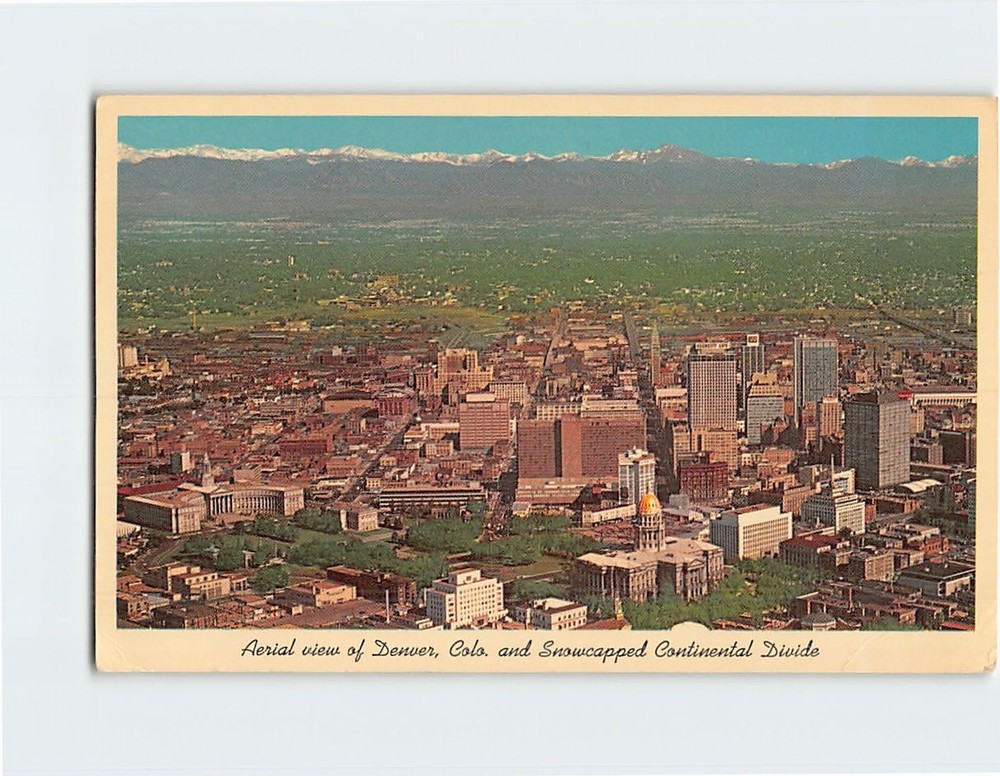 Postcard Aerial View of Denver Colorado and Snowcapped Continental Divide