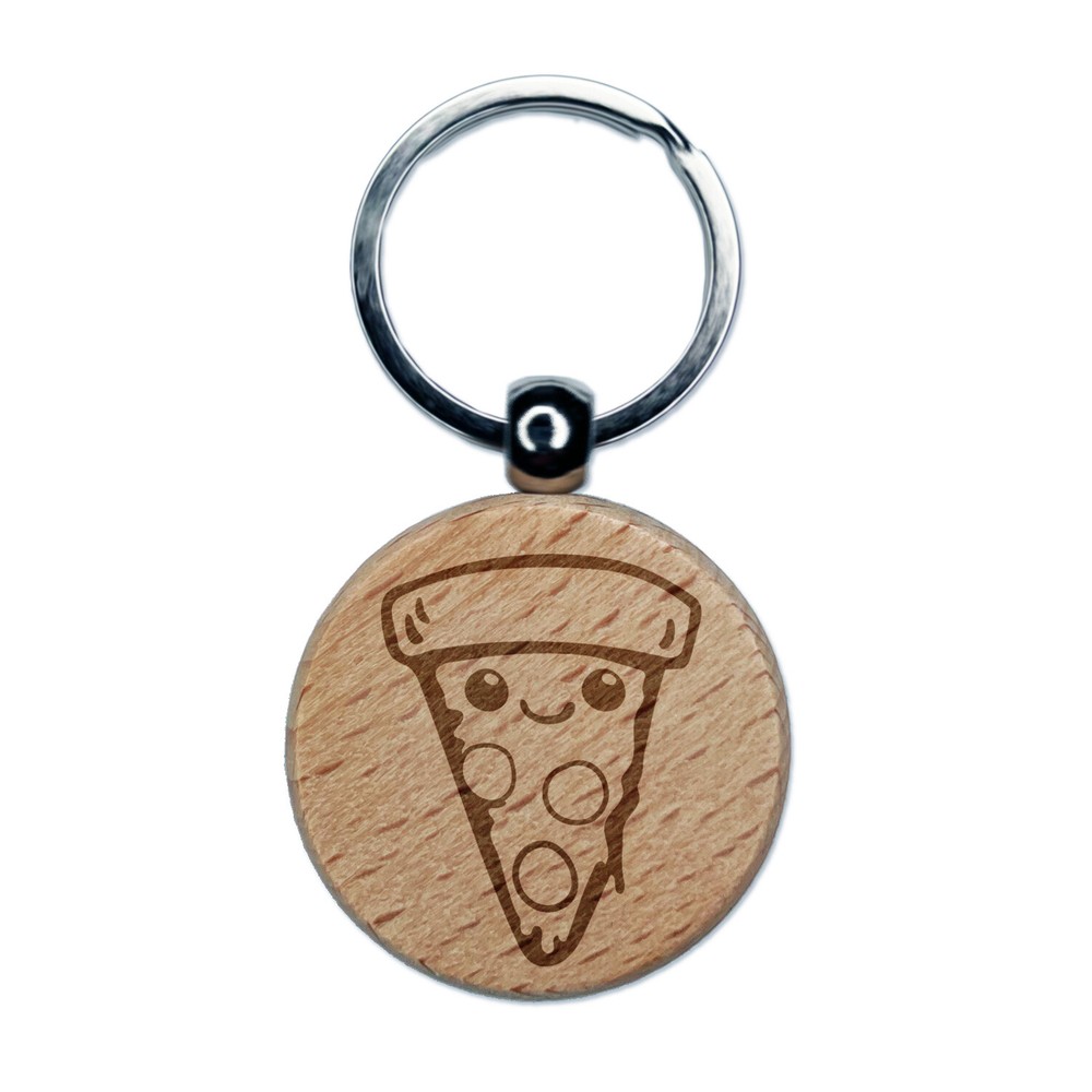 Cute Kawaii Pepperoni Pizza Engraved Wood Round Keychain Tag Charm