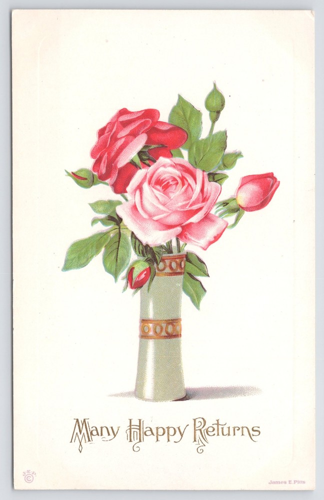 Happy Returns~Red Pink Roses In Tall White & Gold Vase~Emb~Stecher 46D~Vtg PC