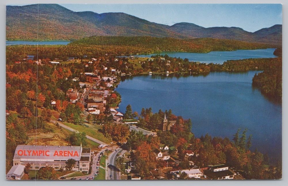 World Famous Olympic Arena~Aerial View~Mirror Lake & Lake Placid~NY~Vintage PC