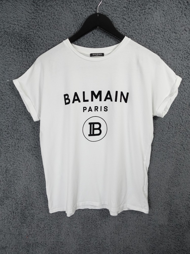 Balmain Paris T Shirt Women 36 Small White Short Sleeve Velvet Spell Out Cotton