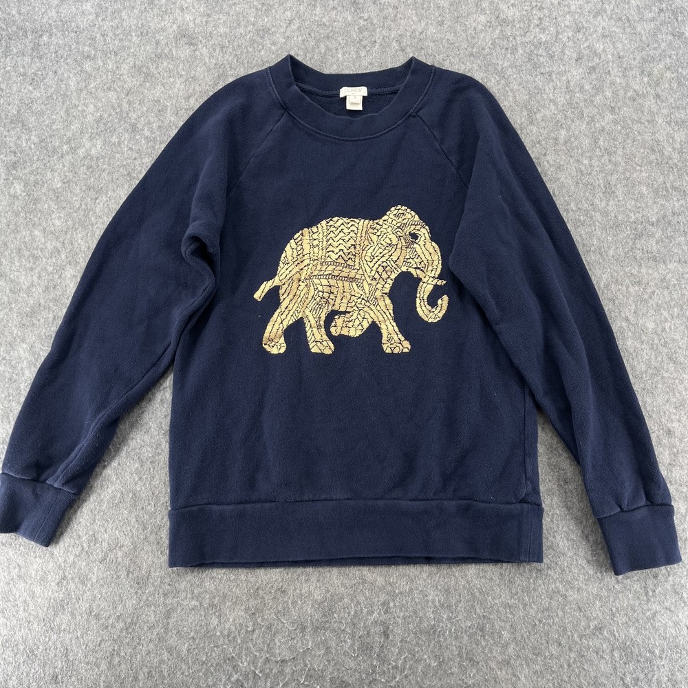 J Crew Womens Sweatshirt S Navy Blue Gold Elephant Crewneck Pullover Top