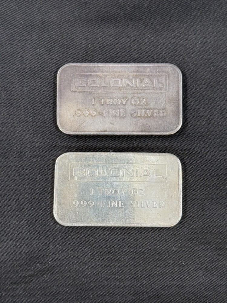 LOT OF 2 1oz .999 FINE SILVER COLONIAL BARS BY ENGELHARD, LOW MINTAGE!!