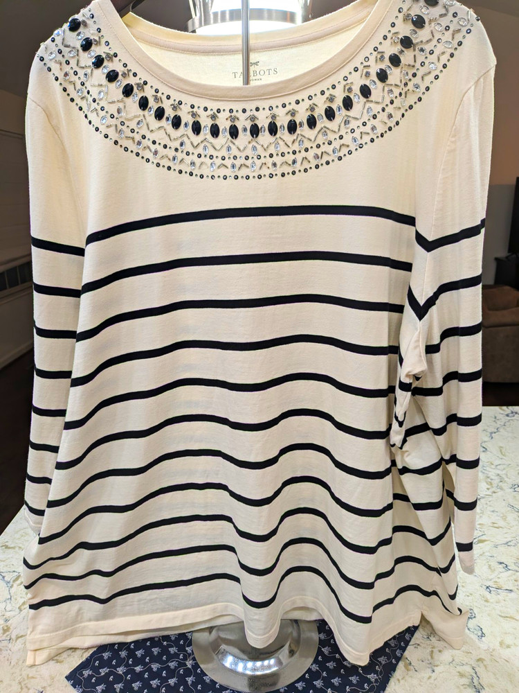 Talbots 3X Plus Pullover Top Ivory Navy Blue Stripe Beaded Jewel Neck 3/4 Sleeve