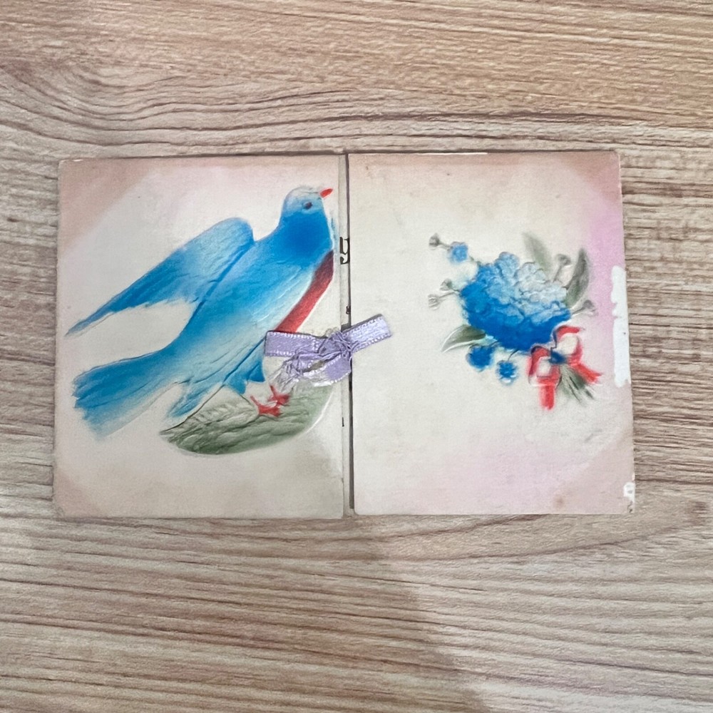 Vintage Postcard Embossed Blue Bird and Flowers Greeting Card Birthday