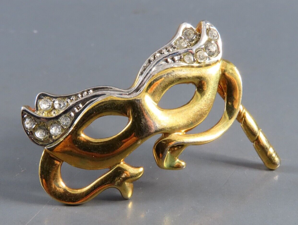 VTG GOLD MASK BROOCH PIN Harlequin Mardi Gras MASQUERADE PARTY BALL Rhinestones