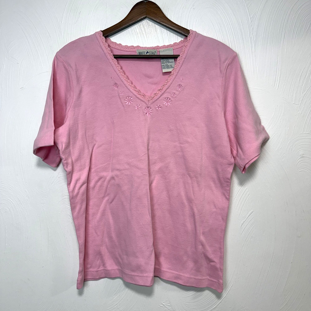 Vintage White Stag Women's 100% Cotton Pink V-Neck Short Sleeve Shirt Size 14/16