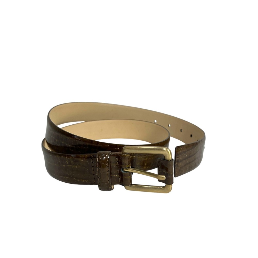 MASSIMO DUTTI Leather Belt Sz 32” Brown Croc Pattern Shimmer Gold Buckle Vintage