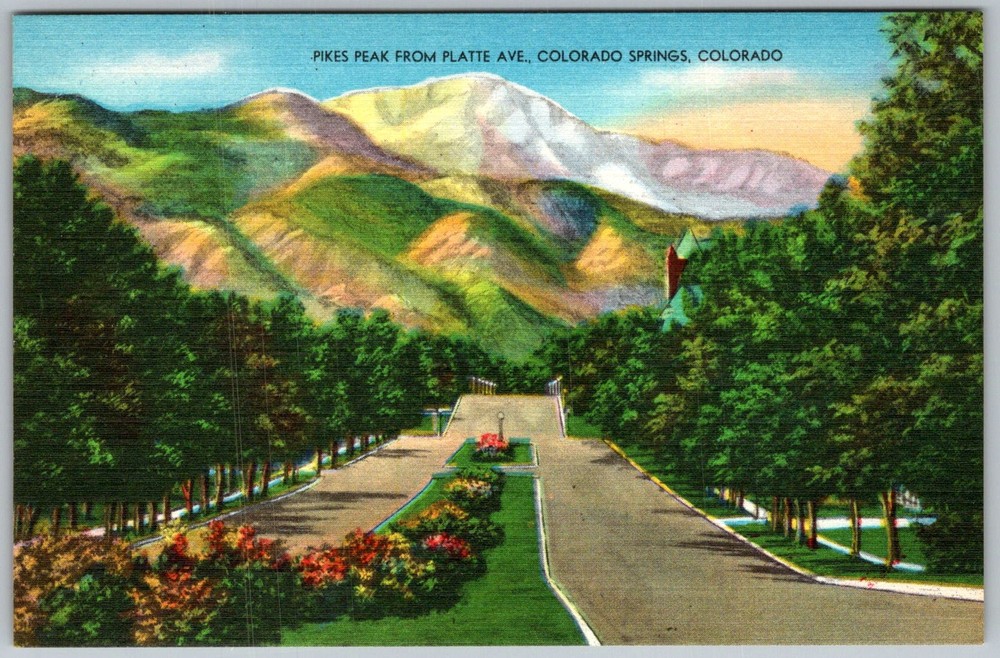 Vtg Linen Postcard Pikes Peak Platte Ave Colorado Springs, CO 1940s