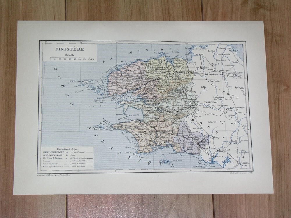 1887 Antique Map Of Department Of Finistere Quimper Brittany Bretagne / France