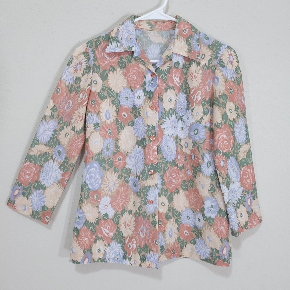 Vintage 70s Top Womens XS / S Floral 60s Handmade Peach Blue Retro Button Blouse