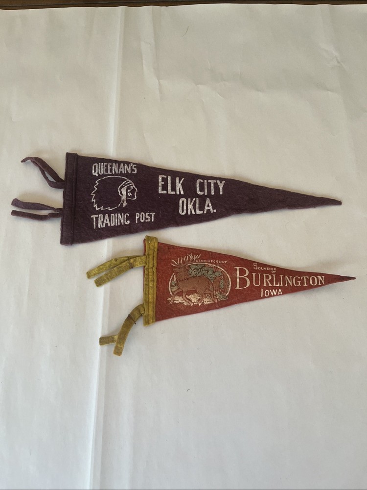Vintage Queenans Elk City Trading Post Souvenir Felt Pennant/ Iowa Deer Chief X2