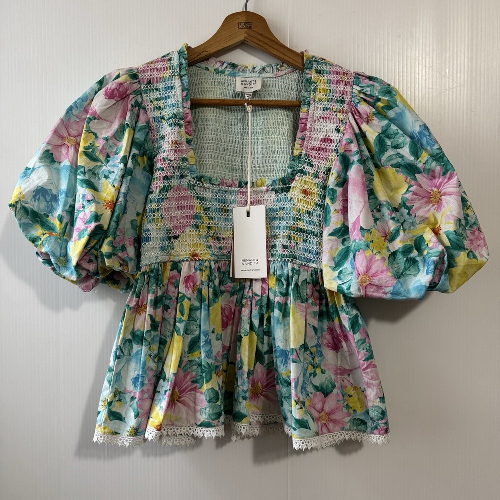 NEW Hemant & Nandita Azalea Womens Blouse Top Sz XS Puff Sleeve Floral