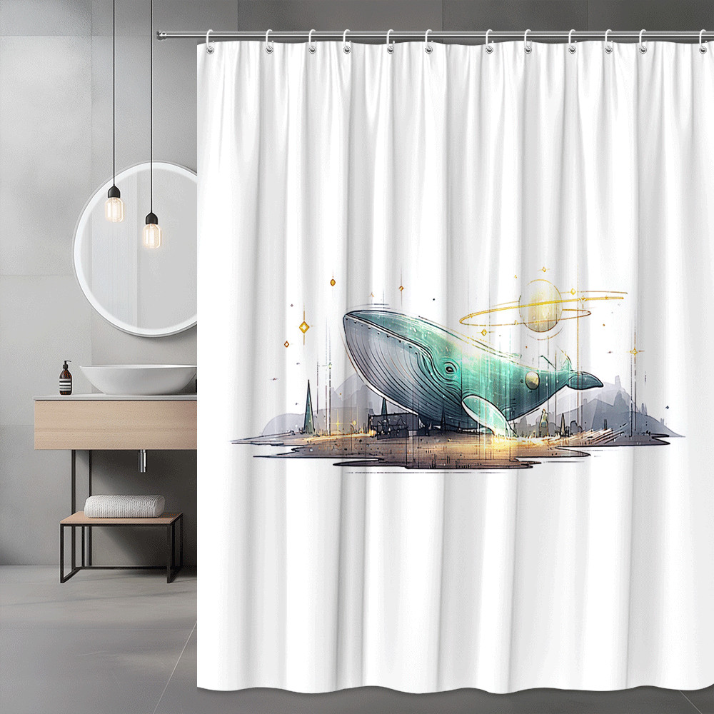 Whale Shower Curtain Space Art Whale and Moon Print