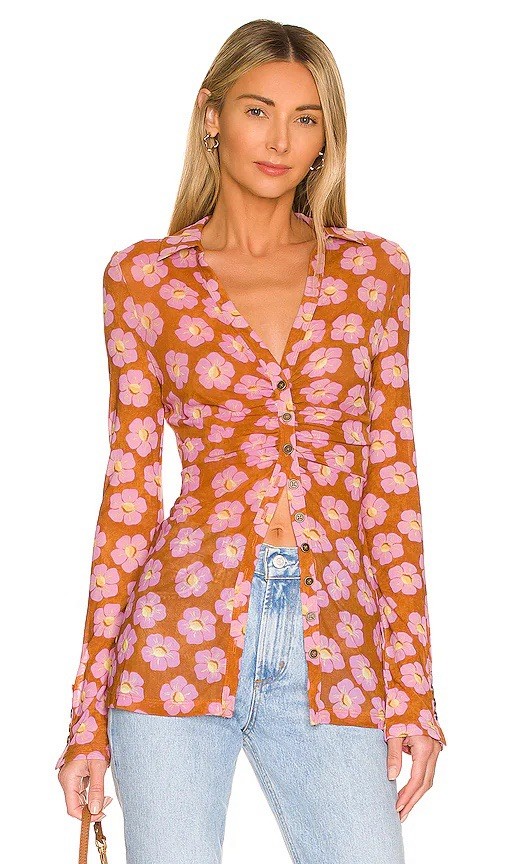 Free People Women’s Pink/Orange Floral Sheer Lucky Shirtee Sz M