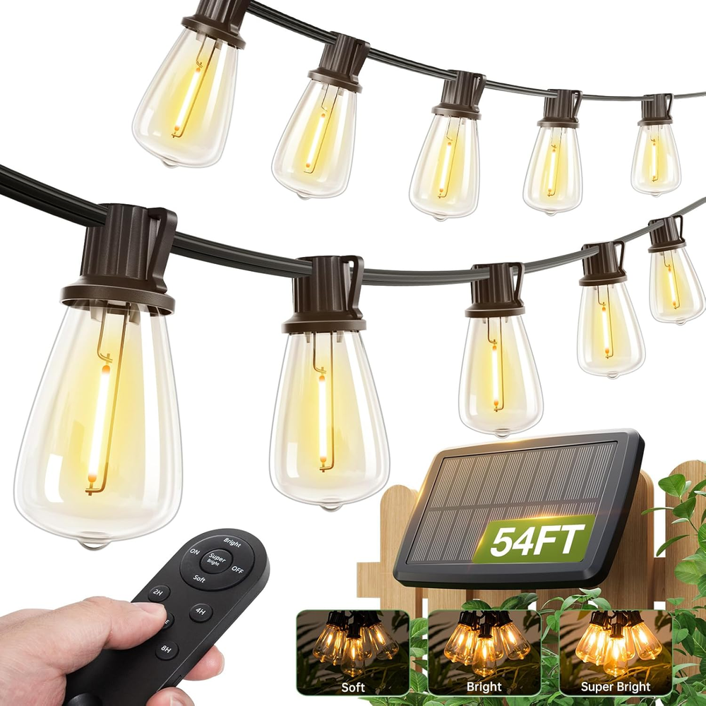 54FT Solar String Lights Waterproof Outdoor Patio Lights with Remote 48+6 LEDs