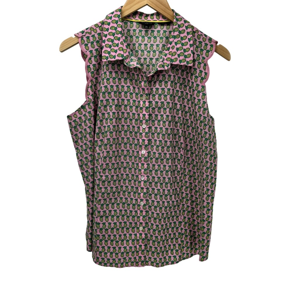Talbots Blouse Womens Petite 16 16p Sleeveless Button Up Pinapple Print Pink