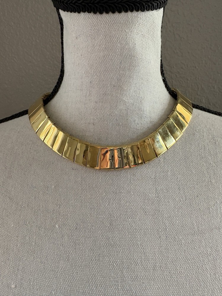 Vintage 1980s Gold Tone Wide Omega Choker Collar Statement Necklace