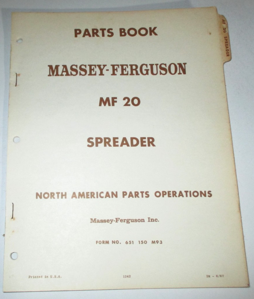 Massey Ferguson MF 20 Spreader Parts Catalog Manual Book 6-67 ORIGINAL!